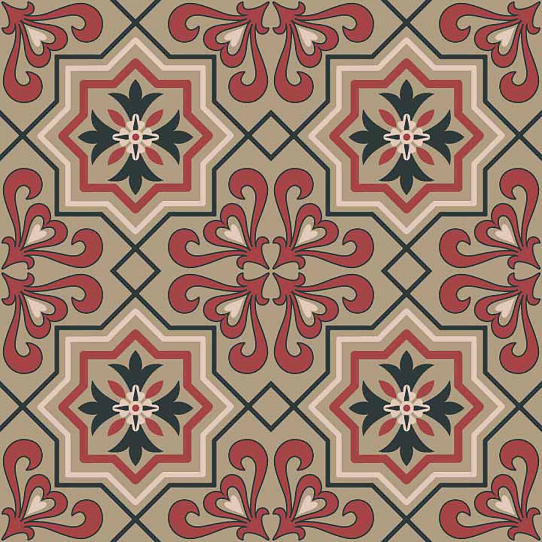 Rustic Moroccan Tile Seamless Pattern - Red & Black Geometric Floral Design.