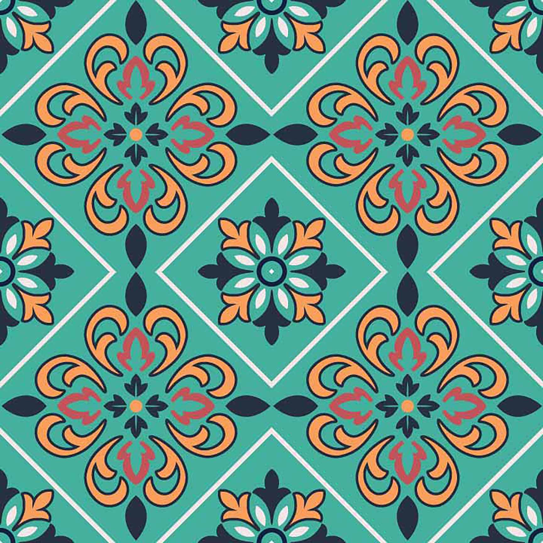 Emerald Moroccan Tile Seamless Pattern - Retro Geometric Floral Design with Orange & Pink.