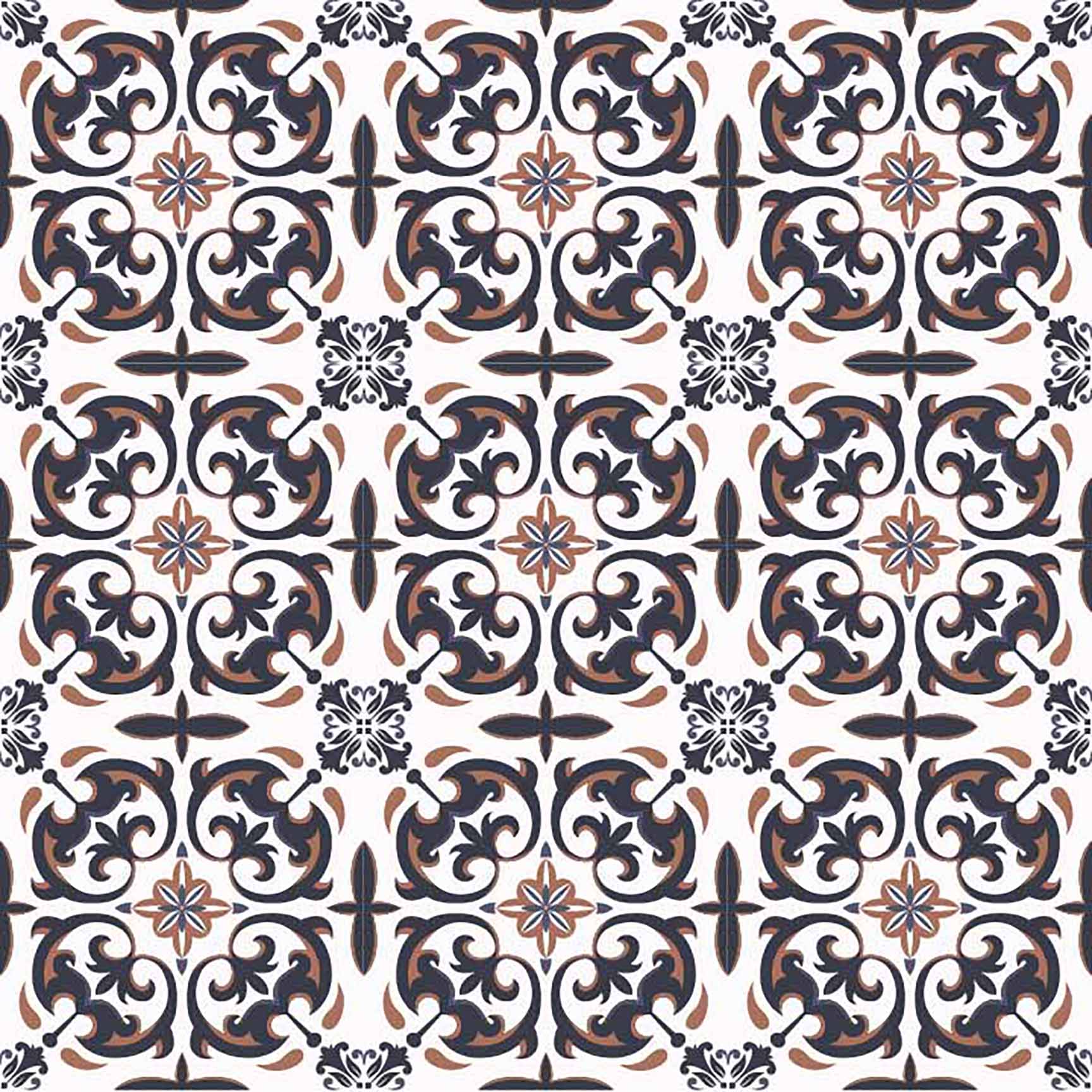 Classic Baroque Floral Tile Seamless Pattern - Elegant Ornate Design with Dark Blue & Brown.
