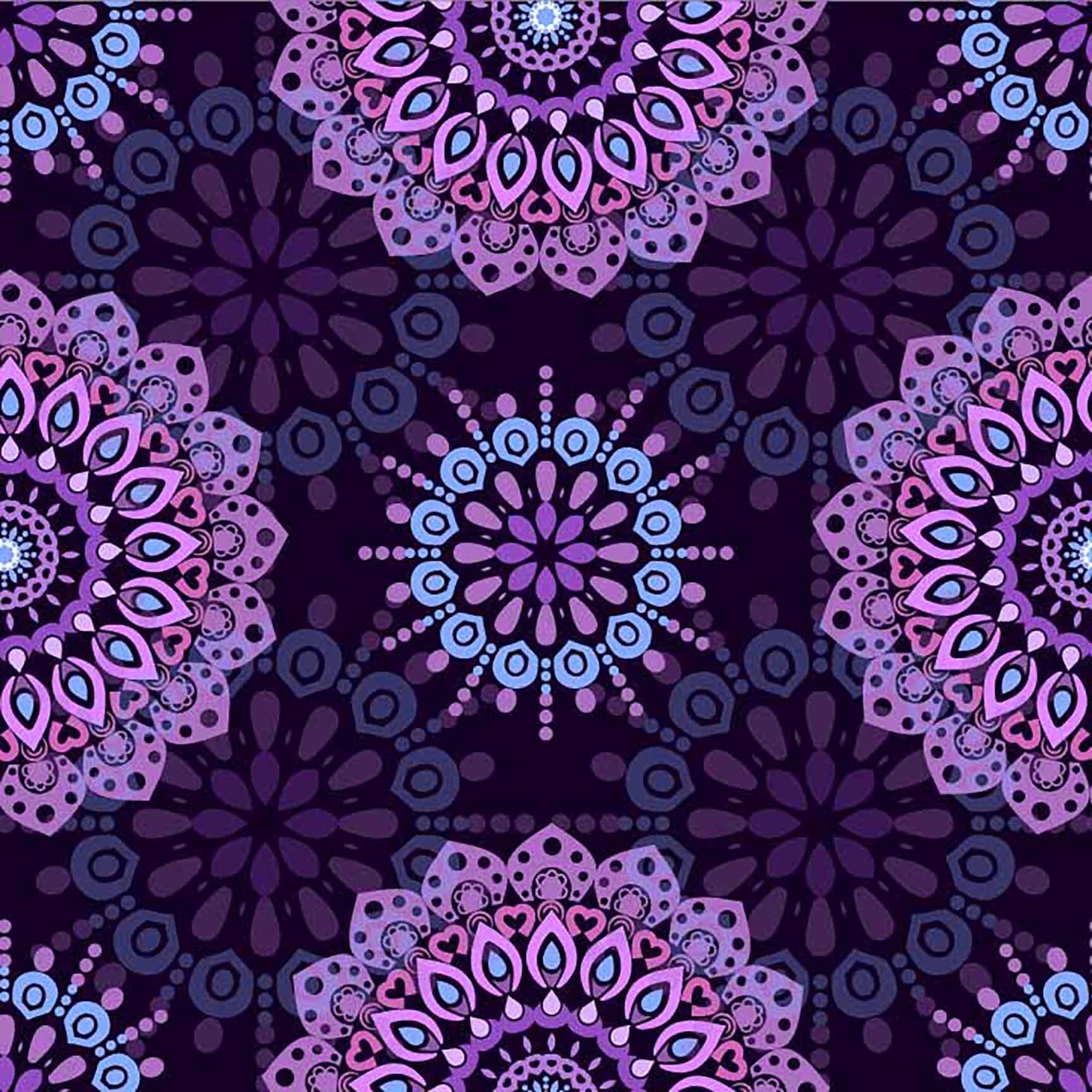 Vibrant Bohemian Mandala Seamless Pattern - Purple & Blue Geometric Design.