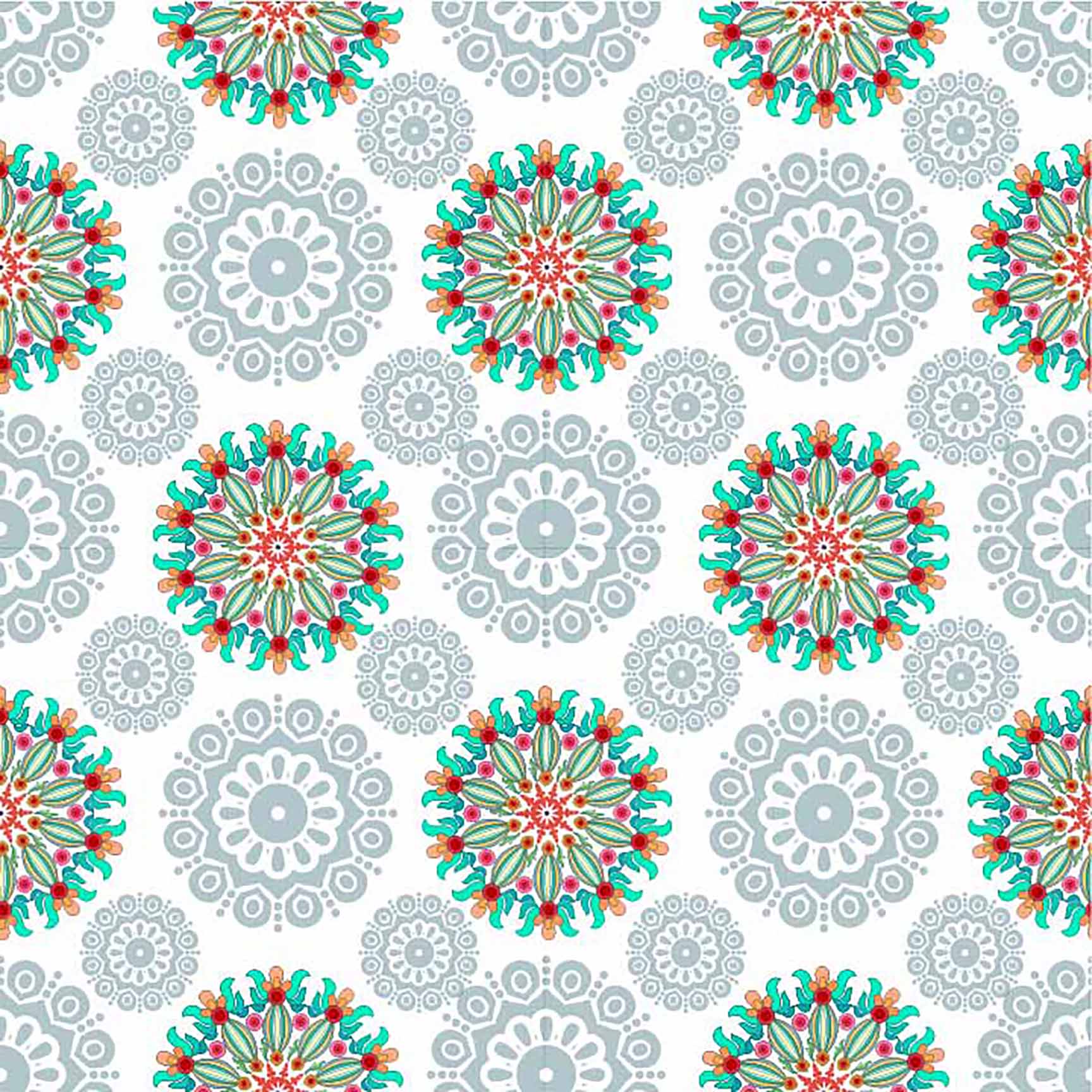 Colorful Boho Mandala Seamless Pattern - Vibrant Floral Motif on Light Grey.