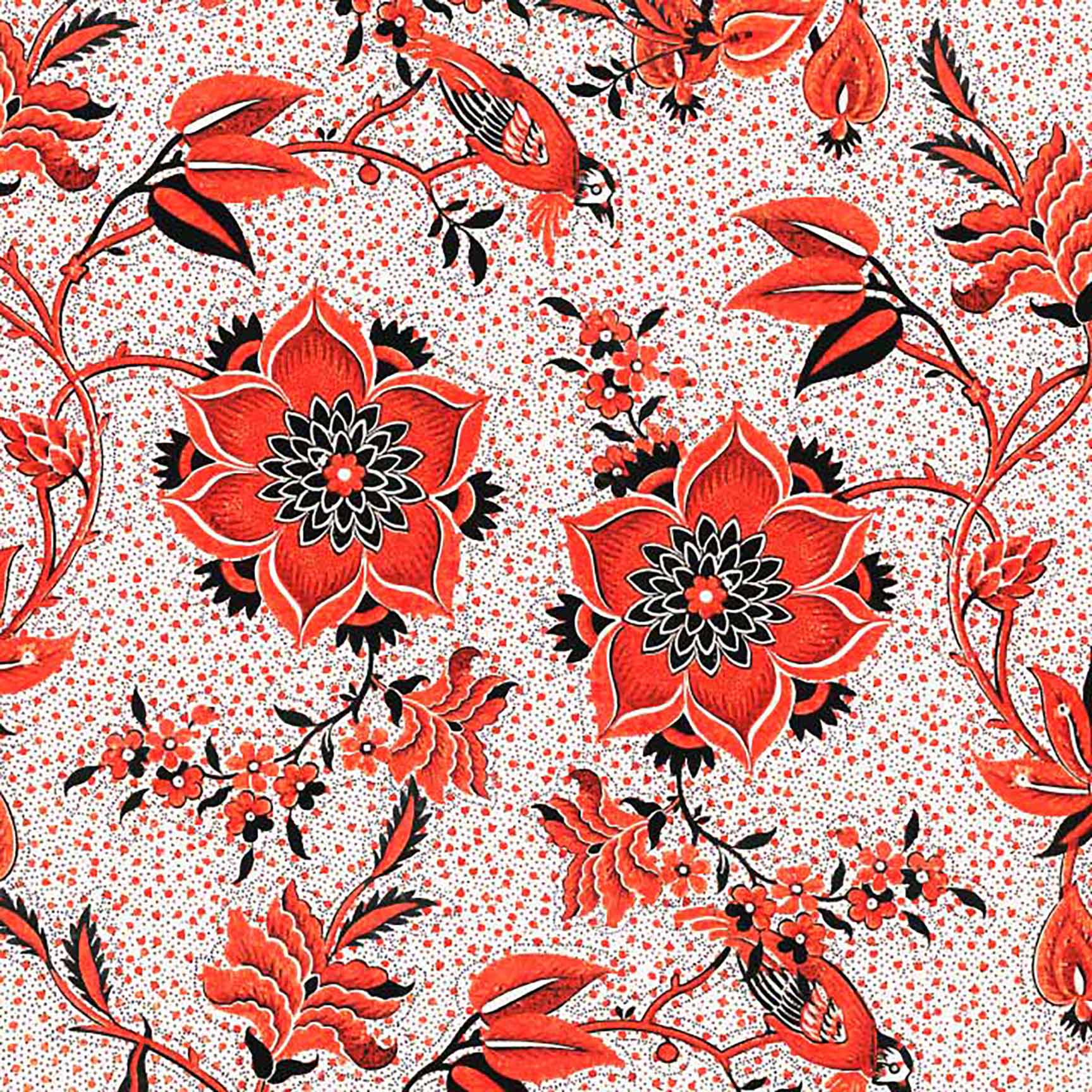Oriental Red Floral & Bird Seamless Pattern - Vintage Chinese Botanical Design.