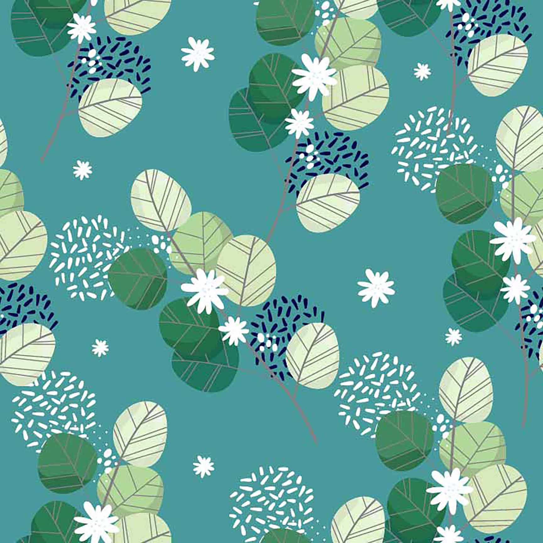 Aqua Botanical Seamless Pattern - Green Leaves & White Flowers with Dot Details.
