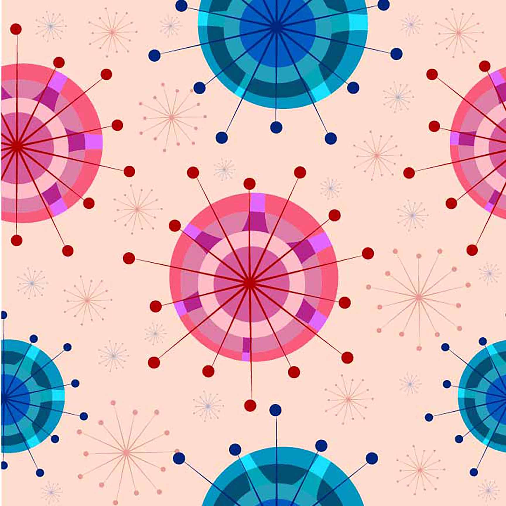 Retro Mid-Century Starburst Seamless Pattern - Pink & Blue Atomic Design.