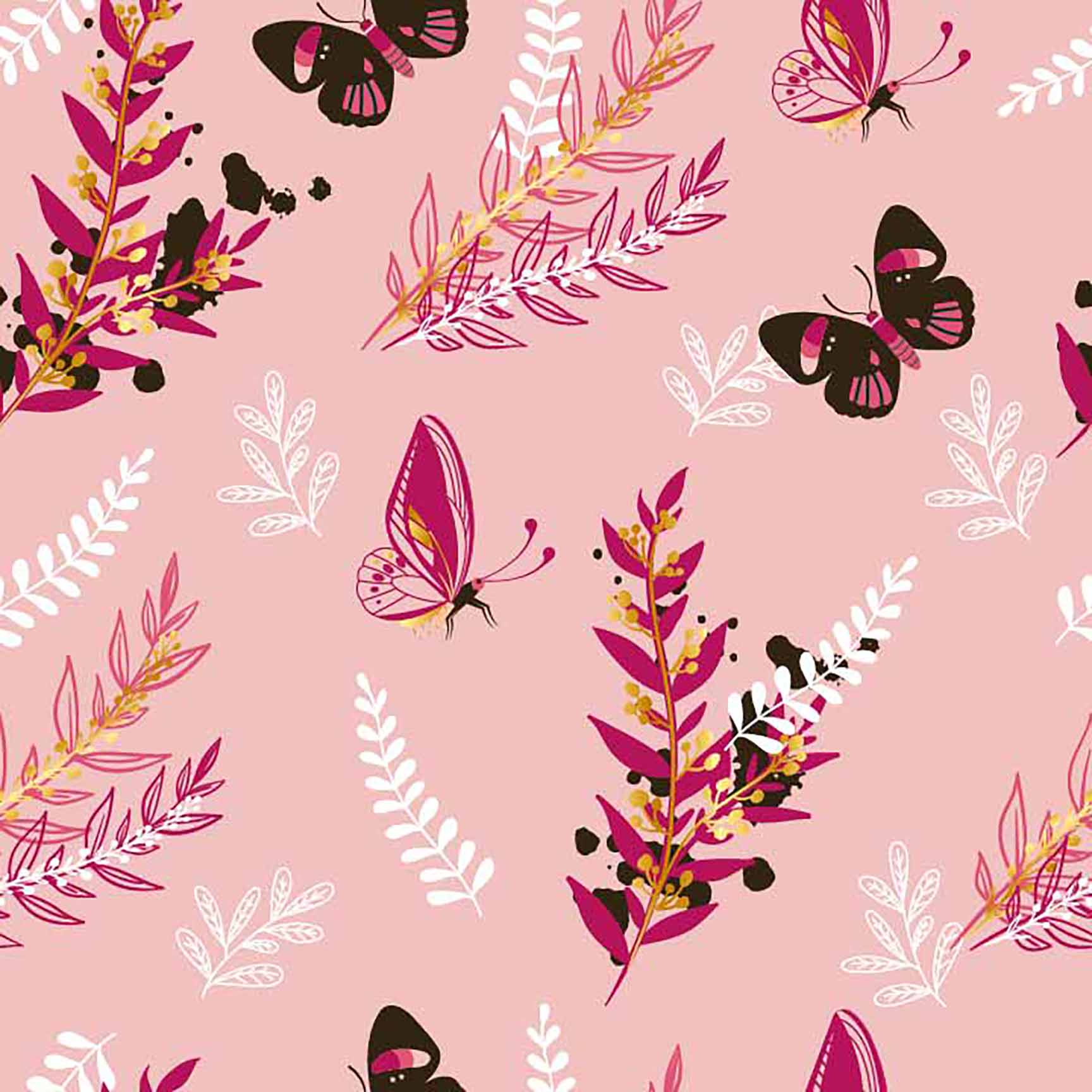 Charming Butterfly & Foliage Seamless Pattern - Pink & Gold Botanical Design.
