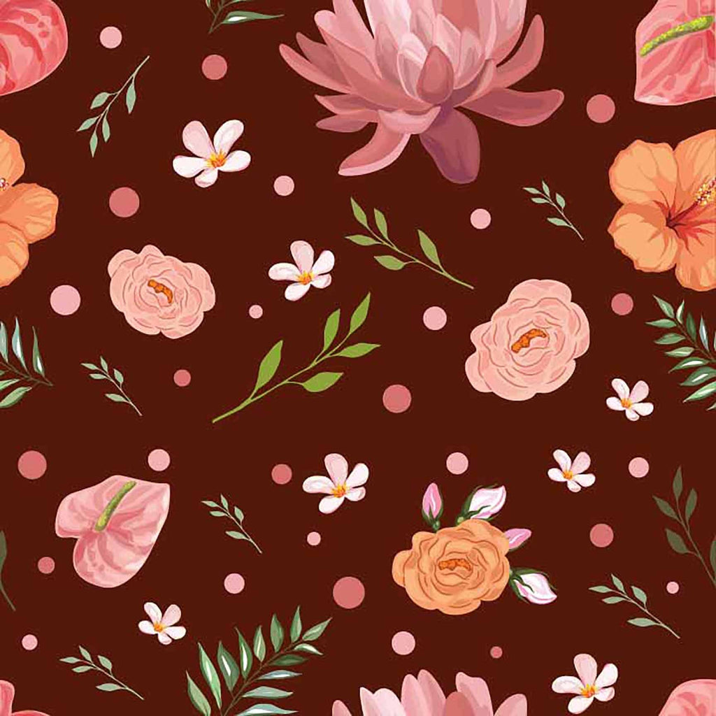 The Floral Wallpaper - Warm Bloom Floral Seamless Pattern - Tropical Flowers & Polka Dots on Brown.