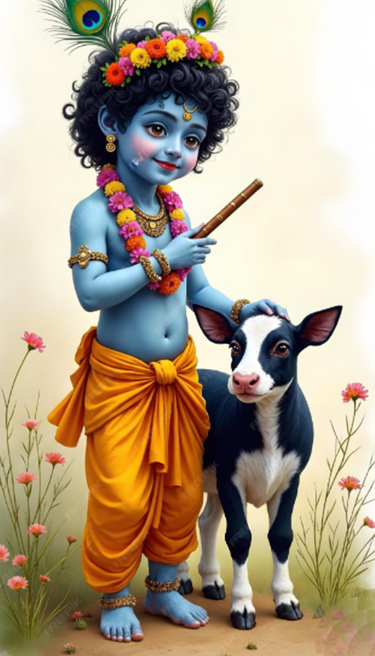 Animated depiction of a blue-skinned figure in orange dhoti with a cow, surrounded by flowers and plants.