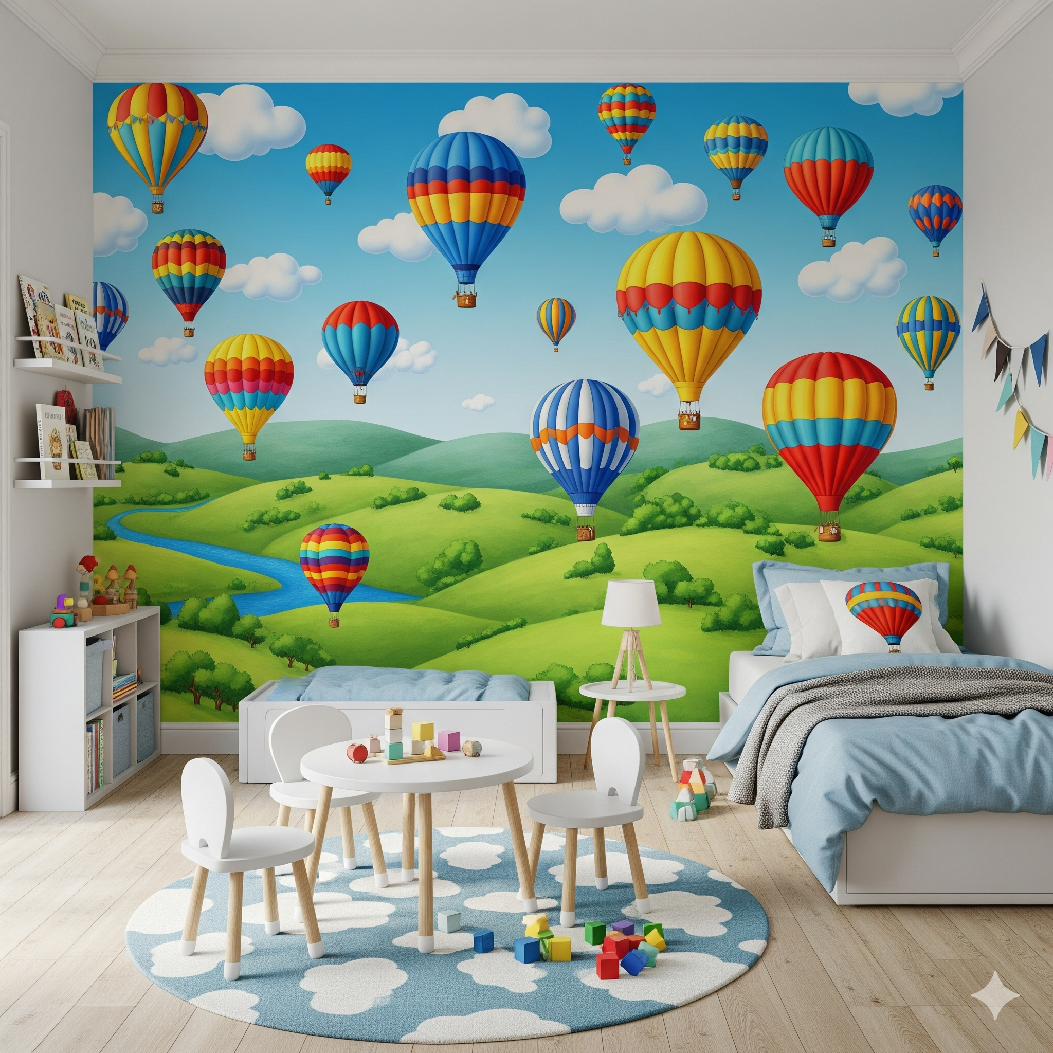 Children's room with colorful hot air balloon mural on the wall.
