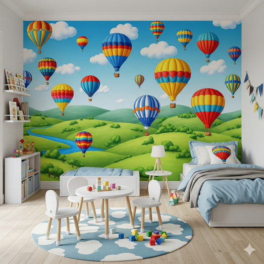 Children's room with colorful hot air balloon mural on the wall.