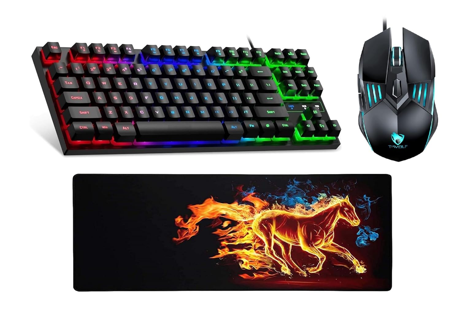 Gaming keyboard, mouse, and mouse pad with a horse design on a white background