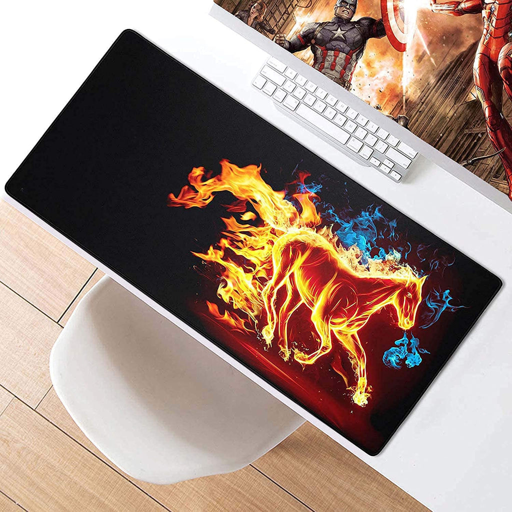 Desk with a large desk mat featuring a colorful horse design on a wooden floor.