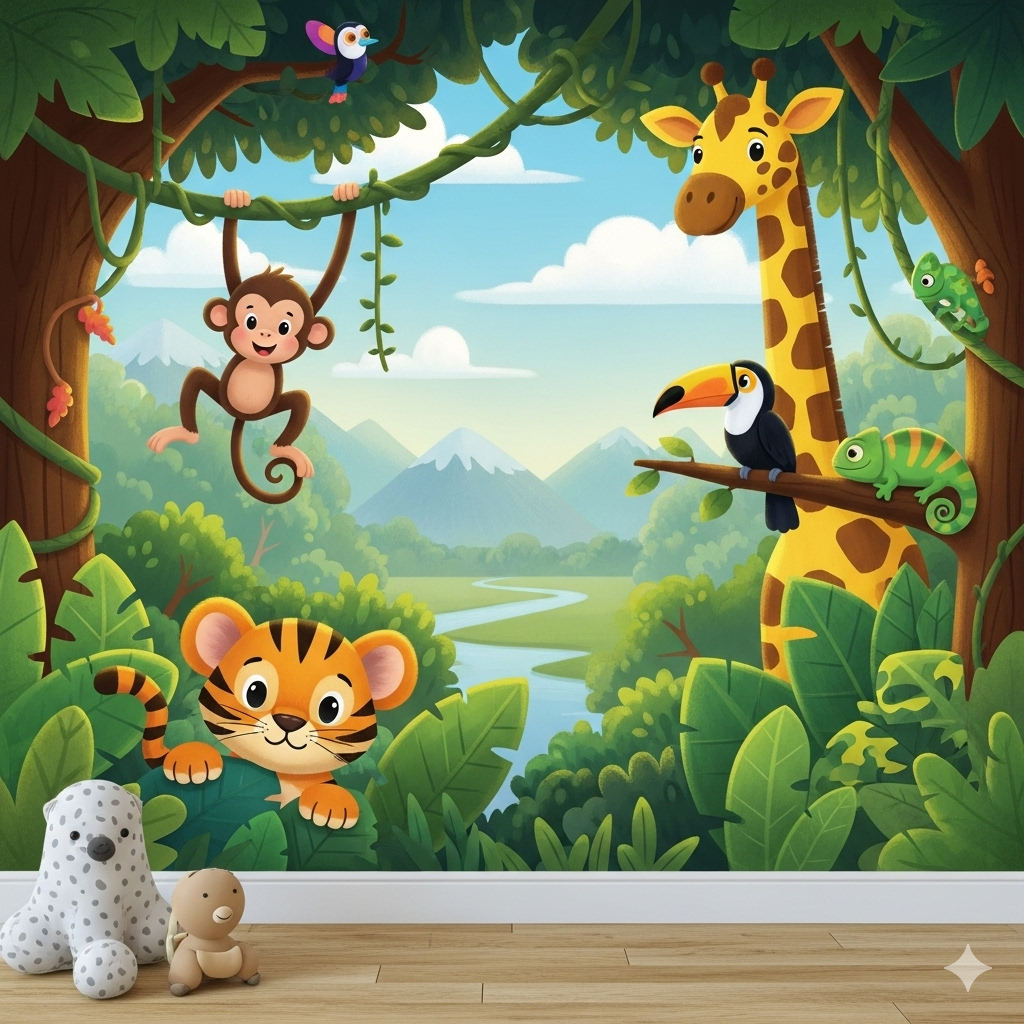 Enchanting Jungle Safari Kids' Wallpaper | Vibrant Animals & Lush Landscape