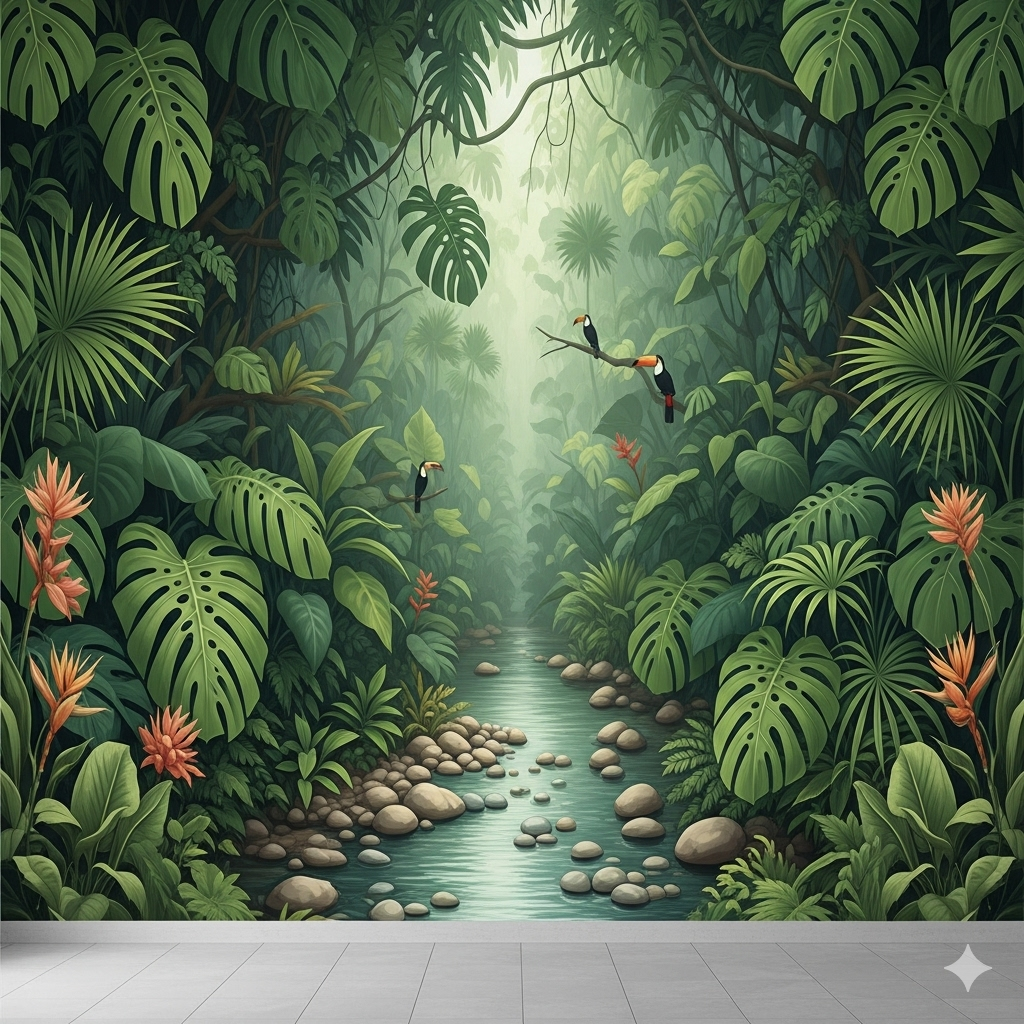 Illustration of a lush jungle with a stream and birds.