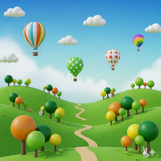 Colorful hot air balloons flying over a green landscape with trees and a rabbit.