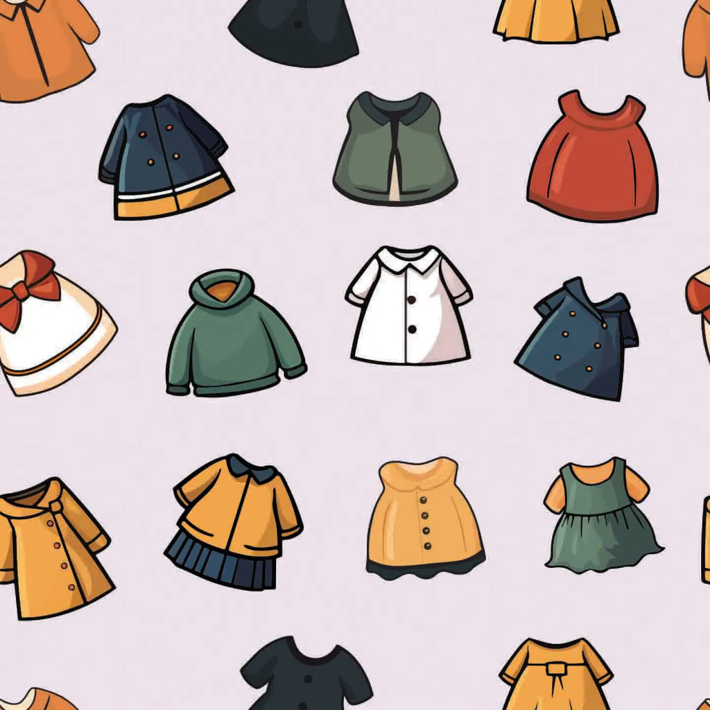 Pattern of various cartoon clothing items on a light purple background
