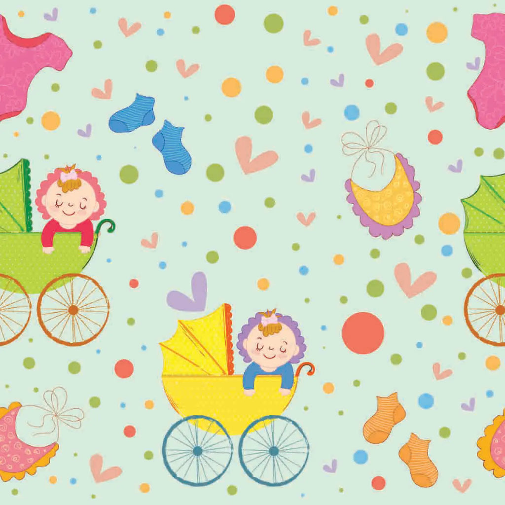 Colorful baby-themed pattern with strollers, babies, and hearts on a light blue background.