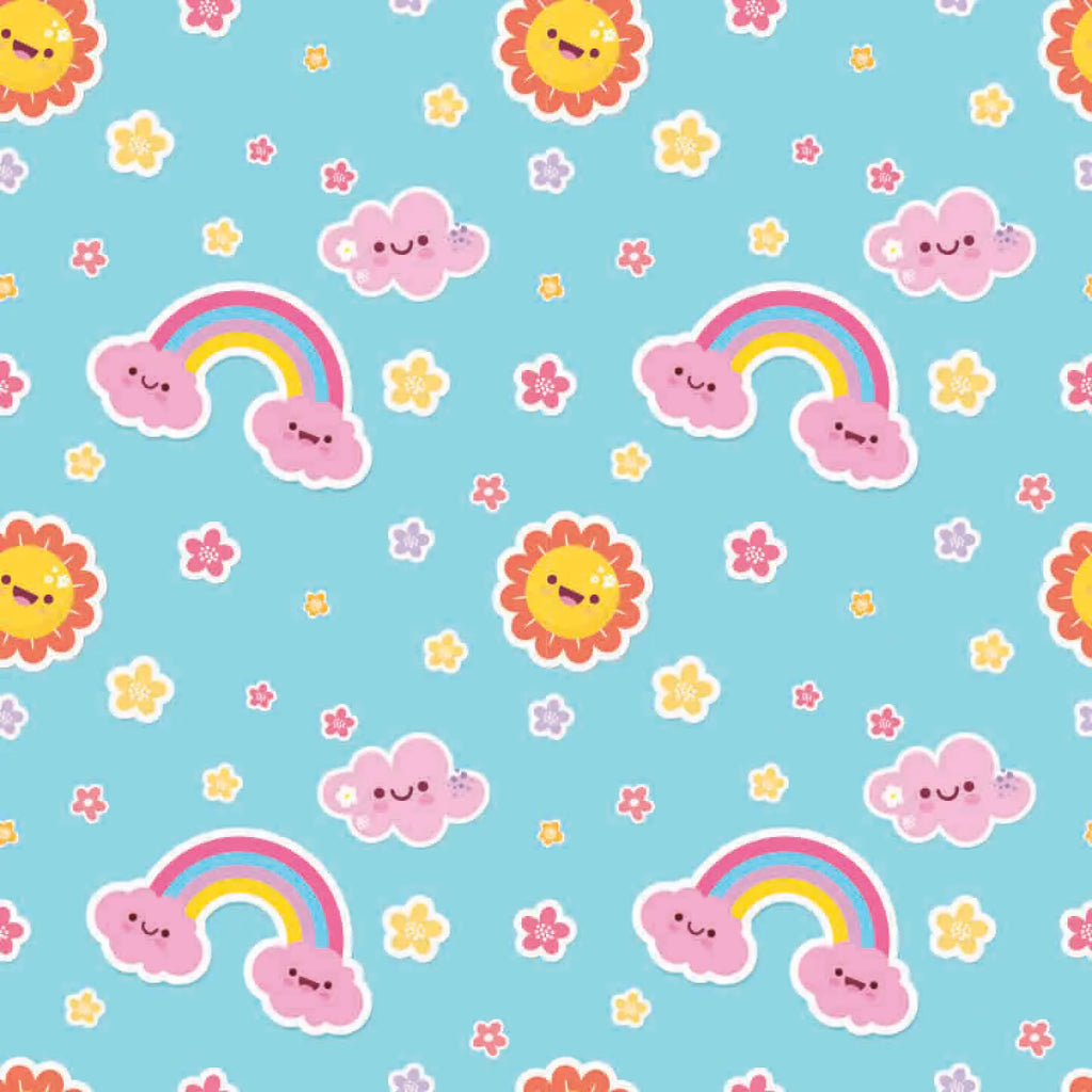 Pattern of rainbows, clouds, and flowers on a blue background