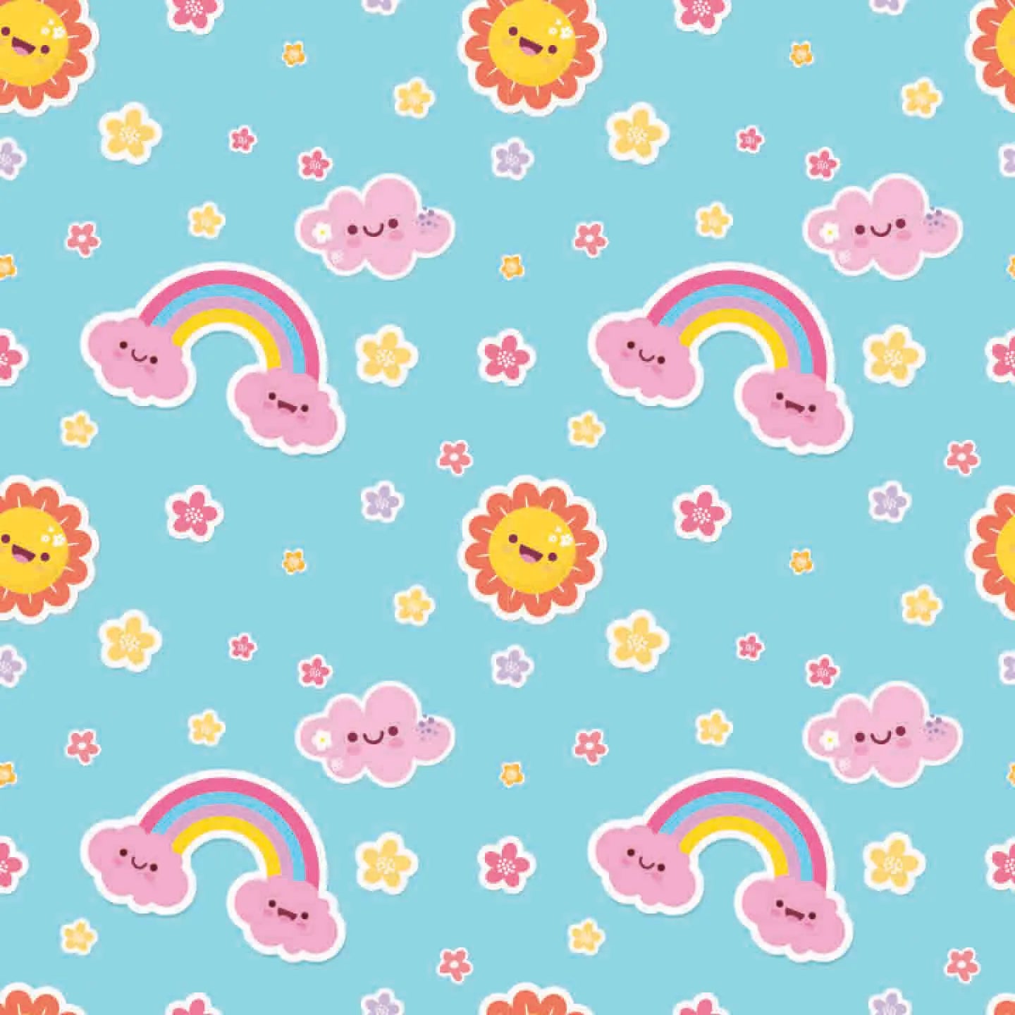 Pattern of rainbows, clouds, and flowers on a blue background