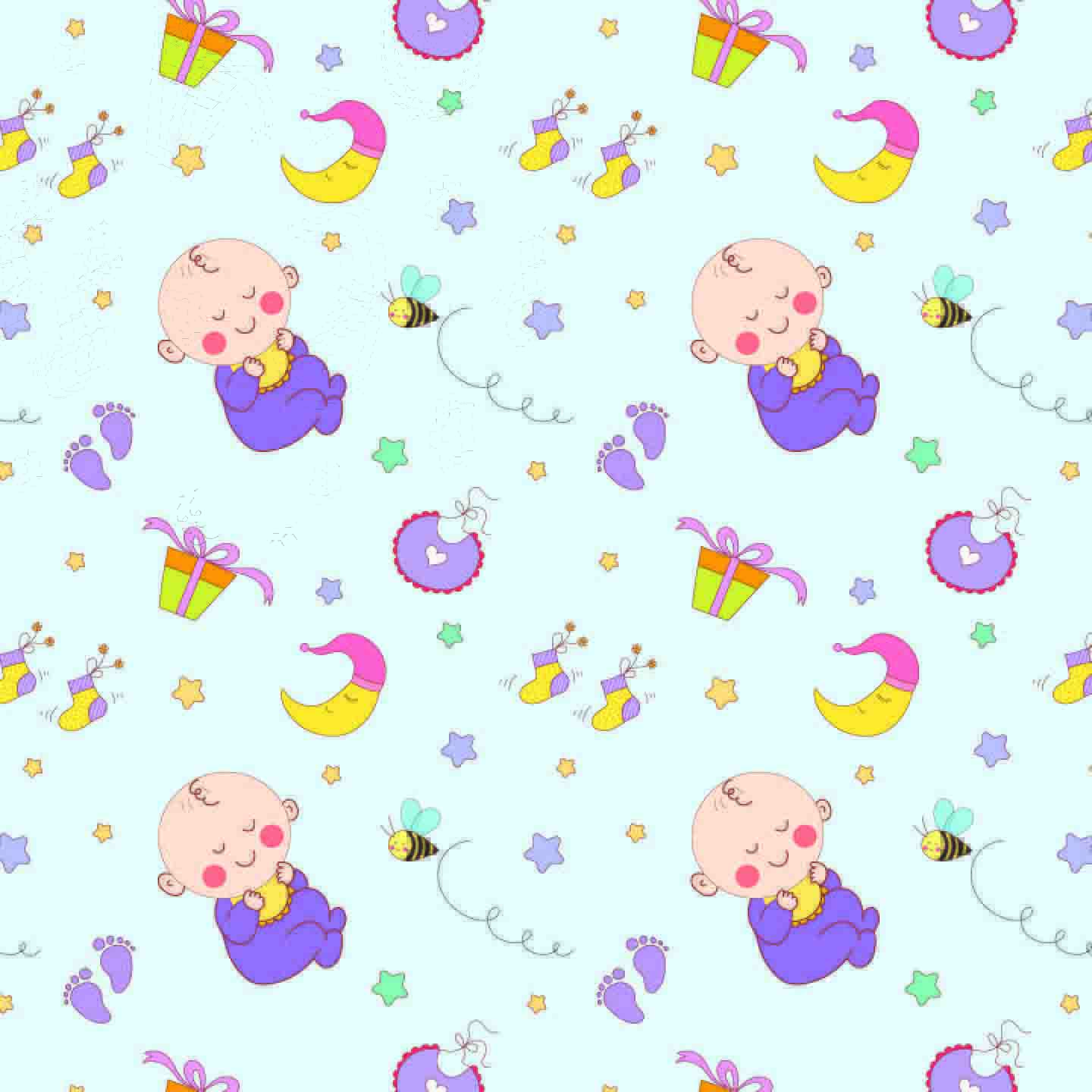 Cute Baby-Themed Seamless Pattern - Sleeping Babies, Moon, Stars & Bees on Blue.
