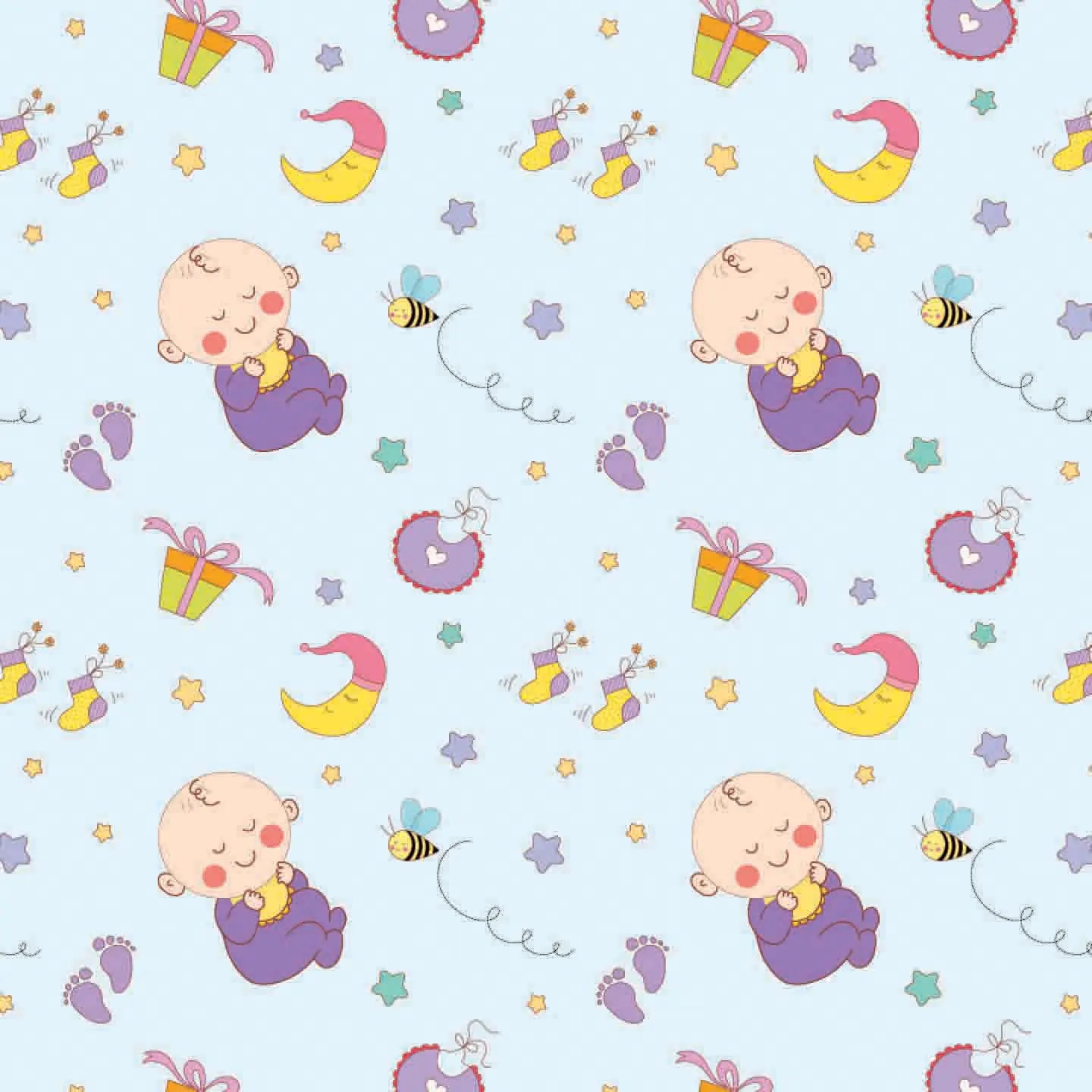 Pattern of cartoon babies, presents, and stars on a light blue background