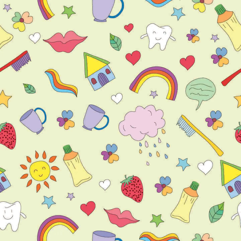 Colorful pattern of various cartoon-like illustrations on a light green background