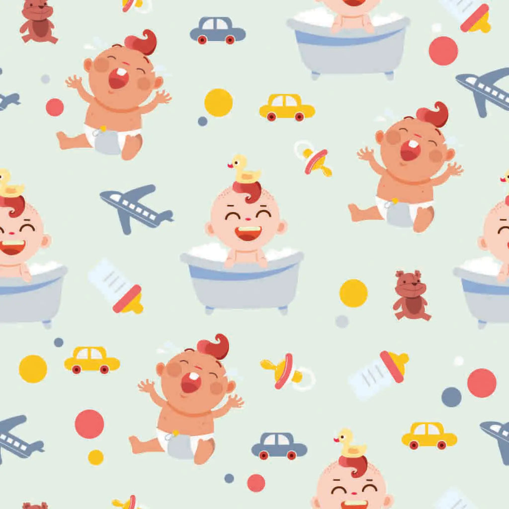 Pattern of cartoon babies, toys, and vehicles on a light blue background