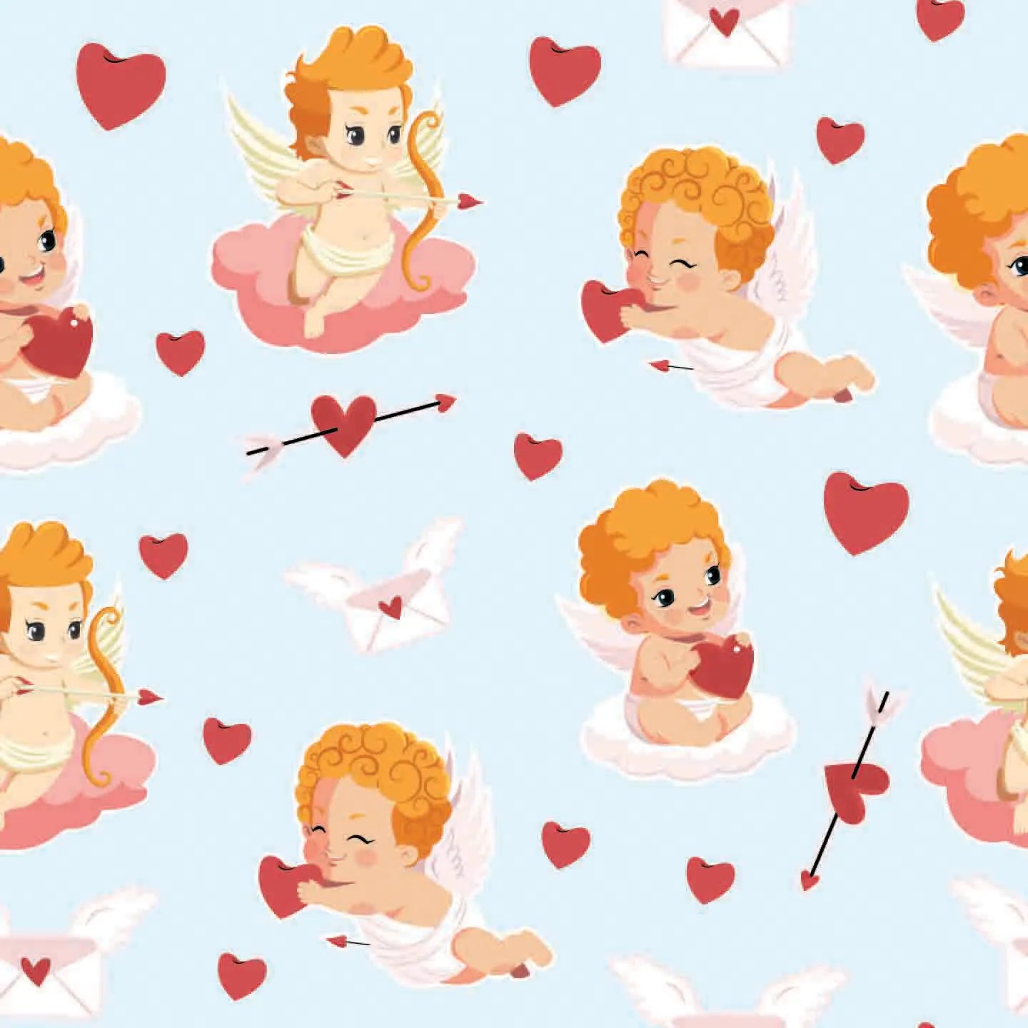 Pattern of cartoon Cupids with hearts and arrows on a light blue background