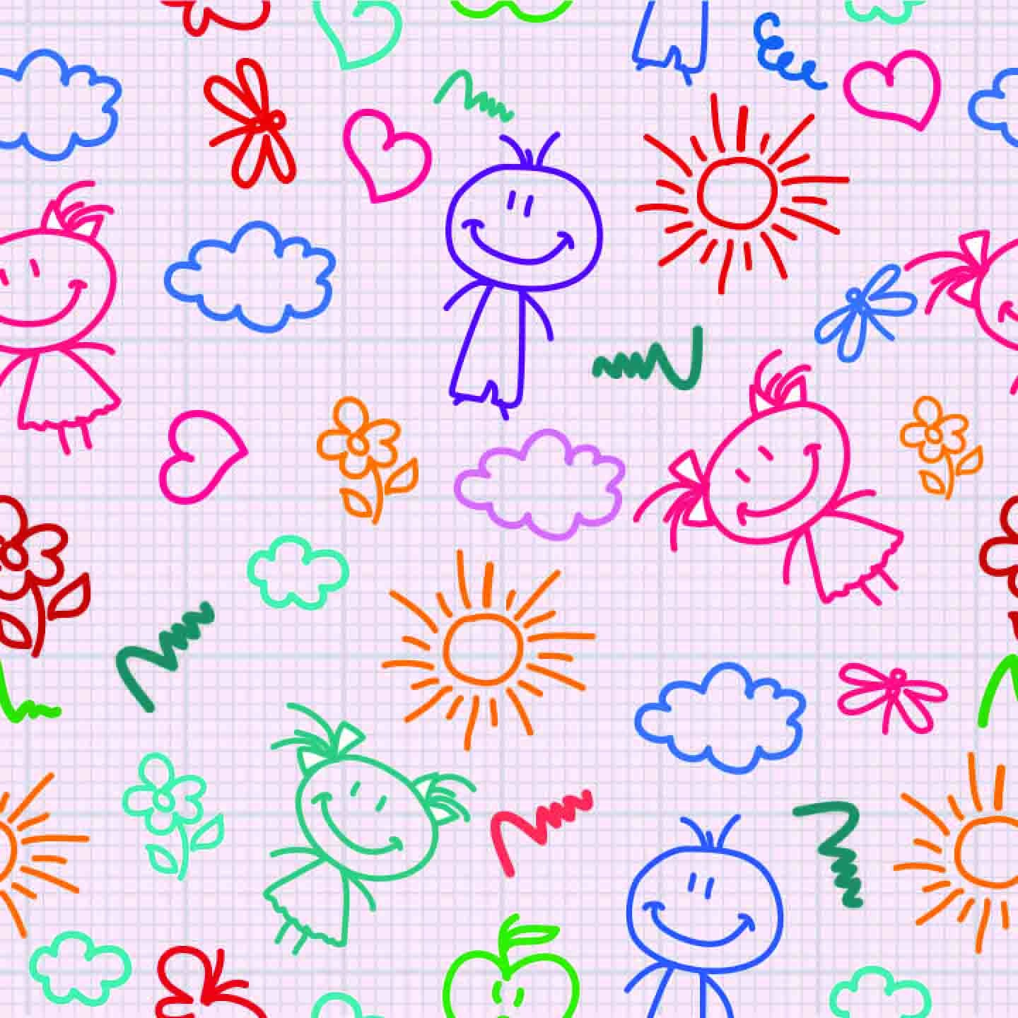 Playful Kids' Doodle Seamless Pattern - Colorful Hand-Drawn Figures & Icons.