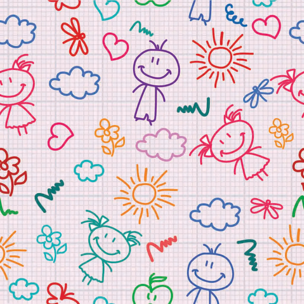 Colorful children's drawings on a grid background