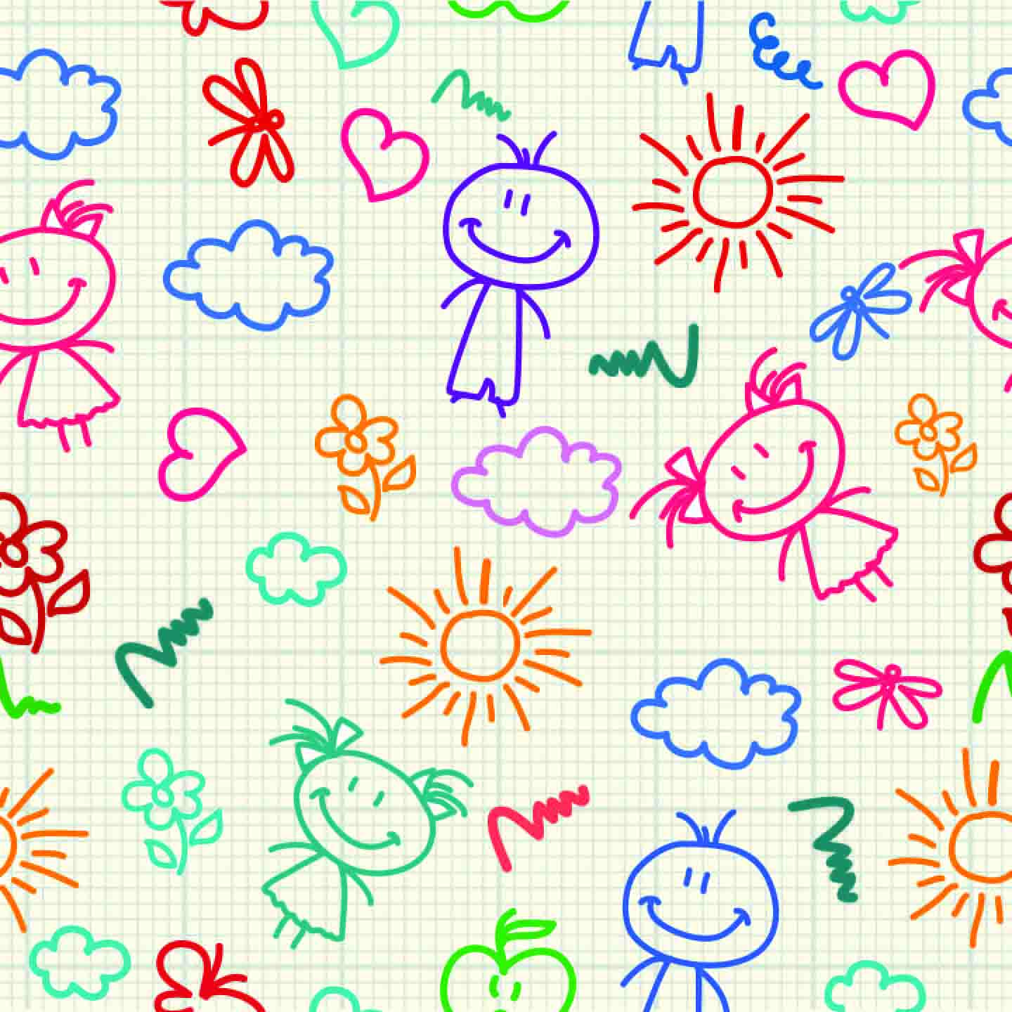 Playful Kids' Doodle Seamless Pattern - Colorful Hand-Drawn Figures & Icons.