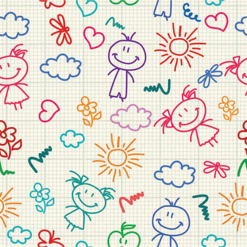 Colorful children's drawings of stick figures, flowers, and suns on a grid background.