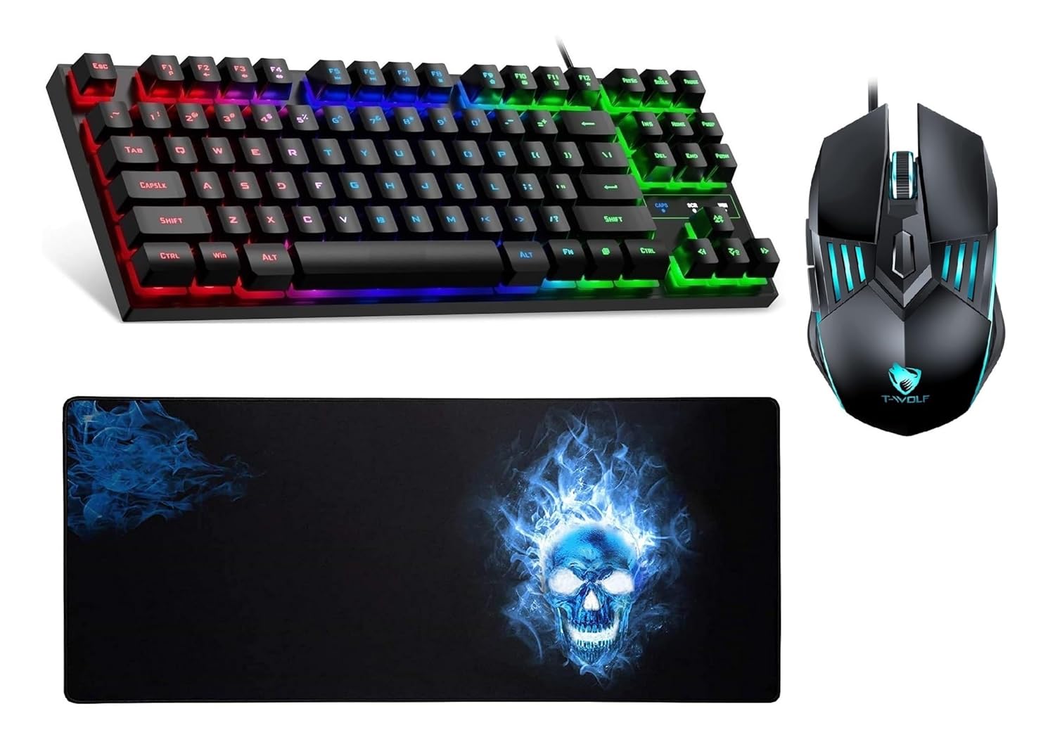 Gaming keyboard, mouse, and mouse pad with colorful lighting on a white background