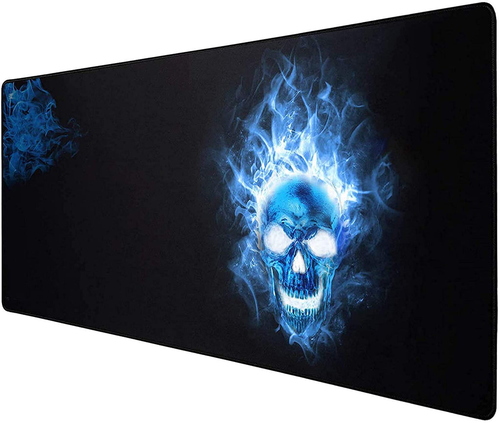 Gaming mouse pad with blue skull design on a black background