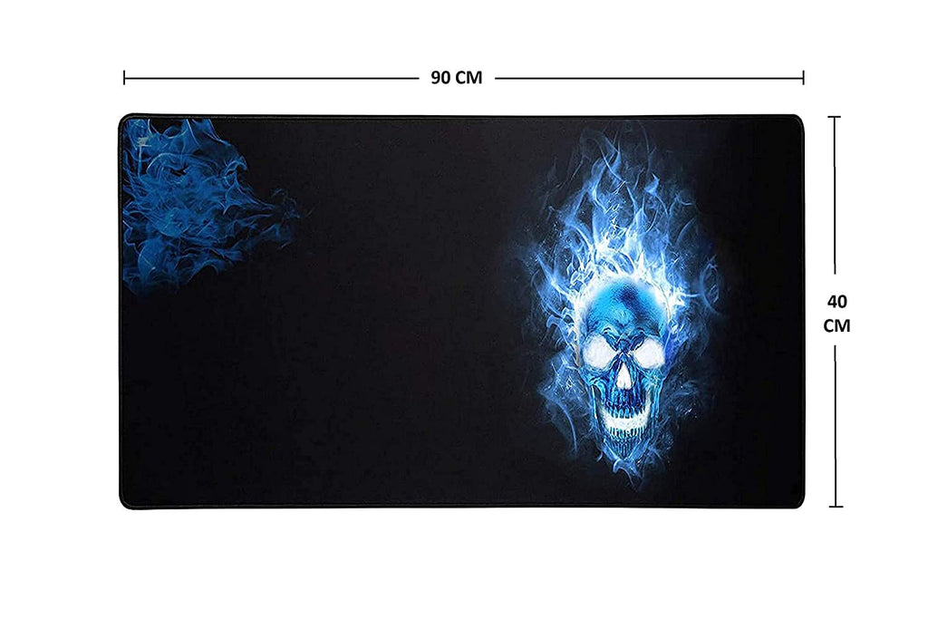 Gaming mouse pad with blue skull design and measurements on a white background