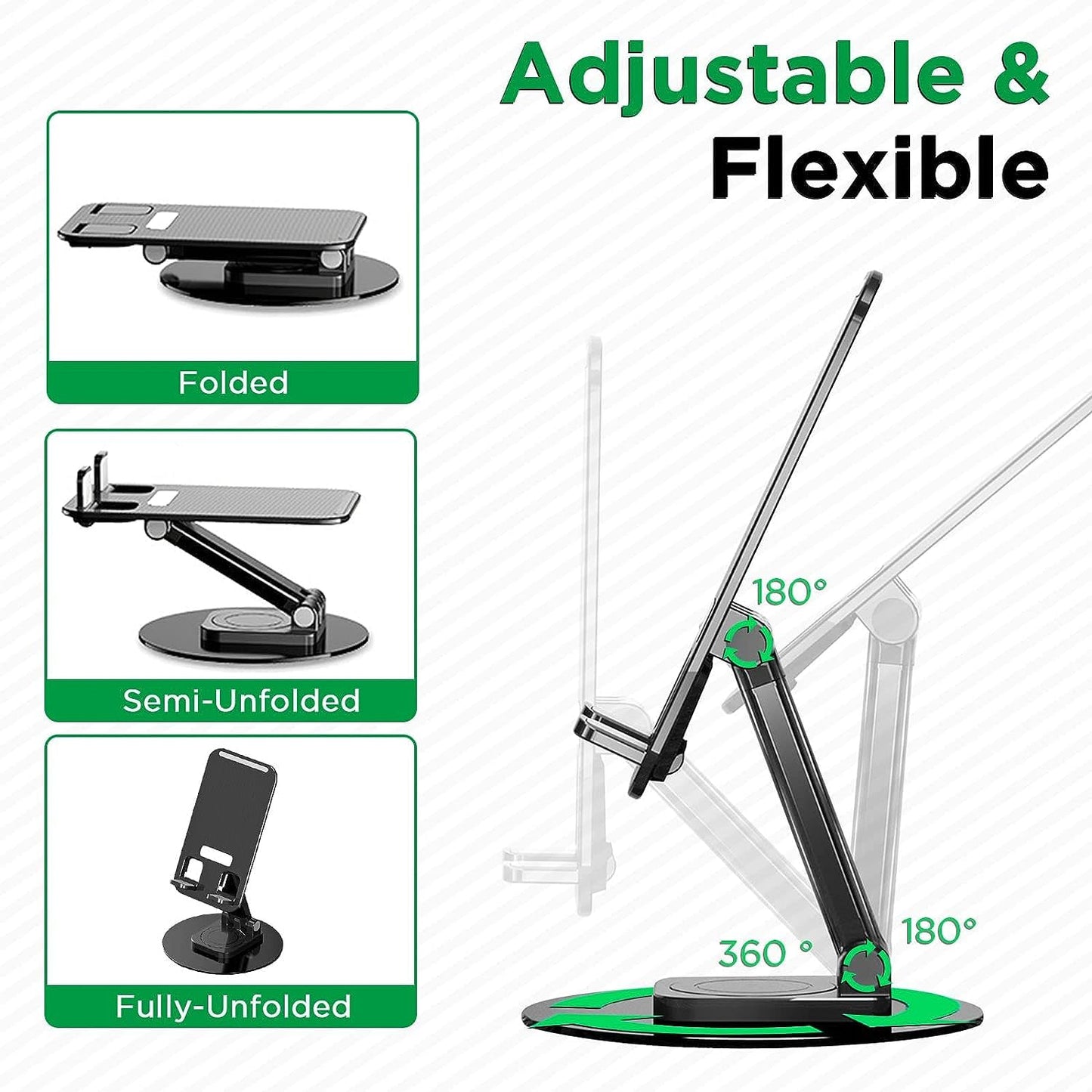 Adjustable stand with folding, semi-unfolded, and fully-unfolded positions on a white background.