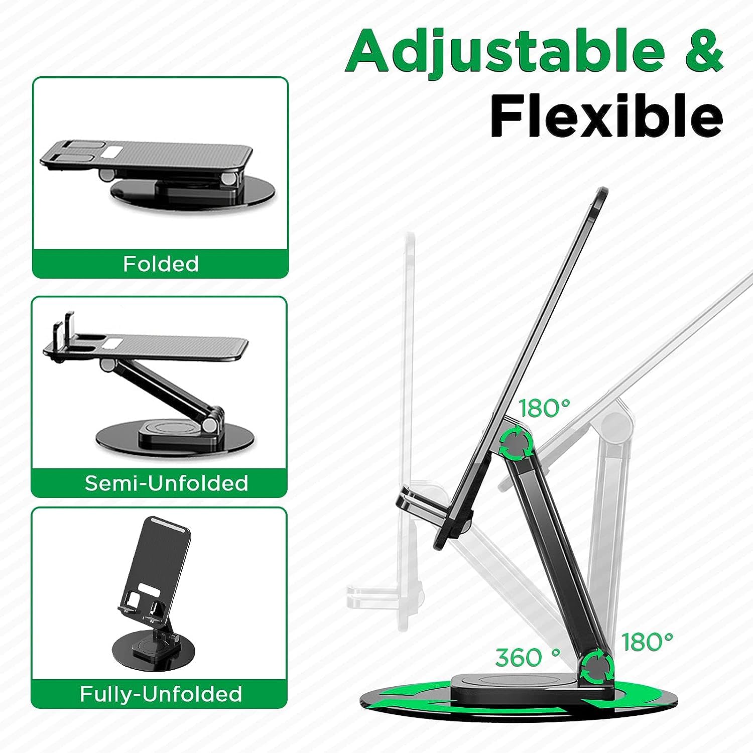 Adjustable stand with folding, semi-unfolded, and fully-unfolded positions on a white background.