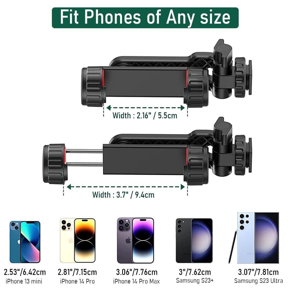 Phone holder with measurement details for compatibility with various phone models.