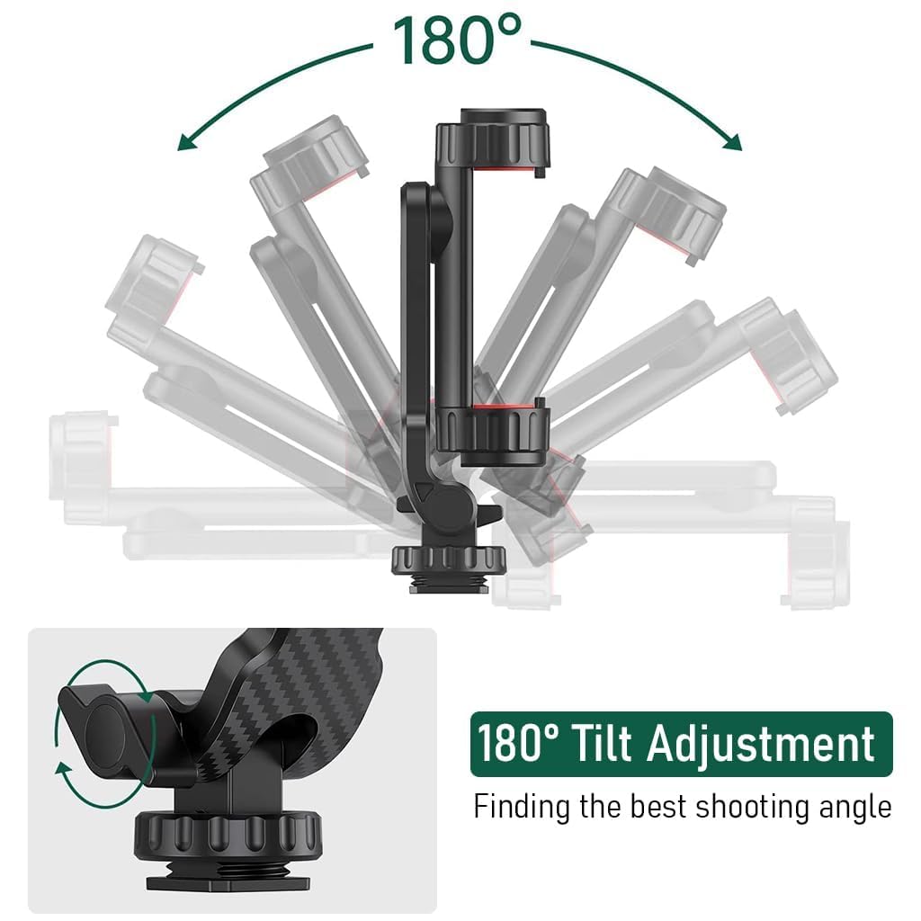 Camera tripod head with 180-degree tilt adjustment feature on a white background