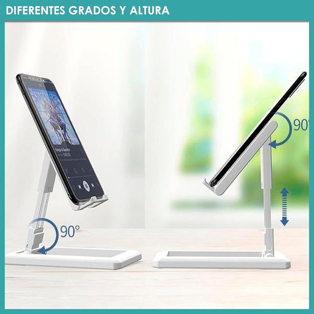 Two adjustable phone stands on a light surface with a blurred outdoor background.