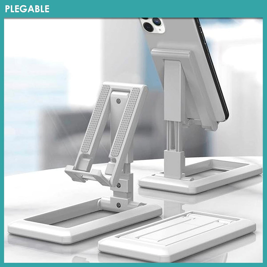 White adjustable phone stand on a light background with 'PLEGABLE' branding.