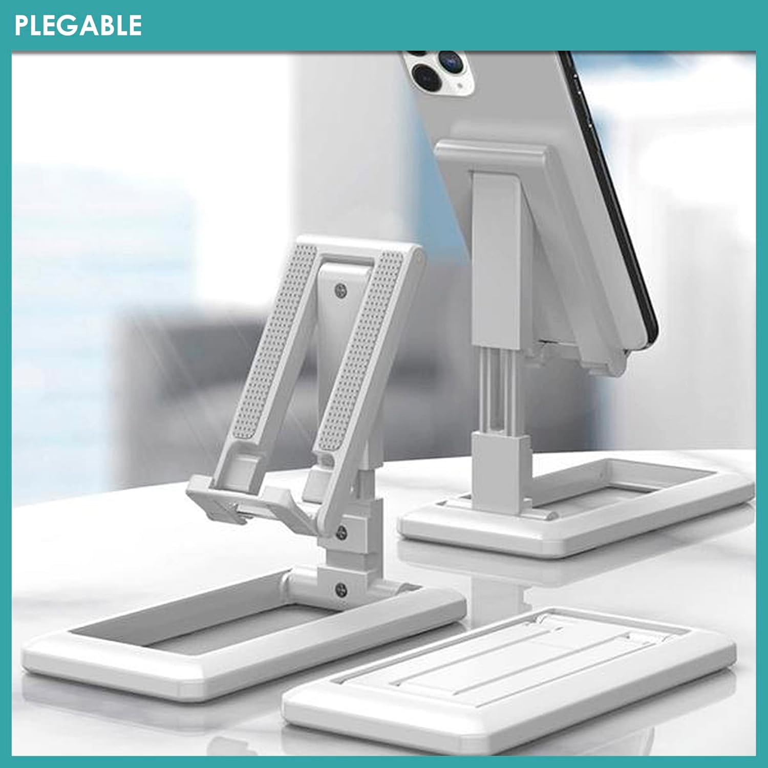 White adjustable phone stand on a light background with 'PLEGABLE' branding.