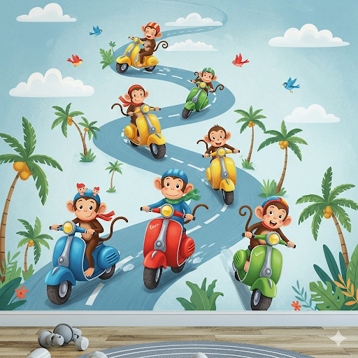 Wallpaper design with monkeys riding scooters on a road surrounded by palm trees and birds.