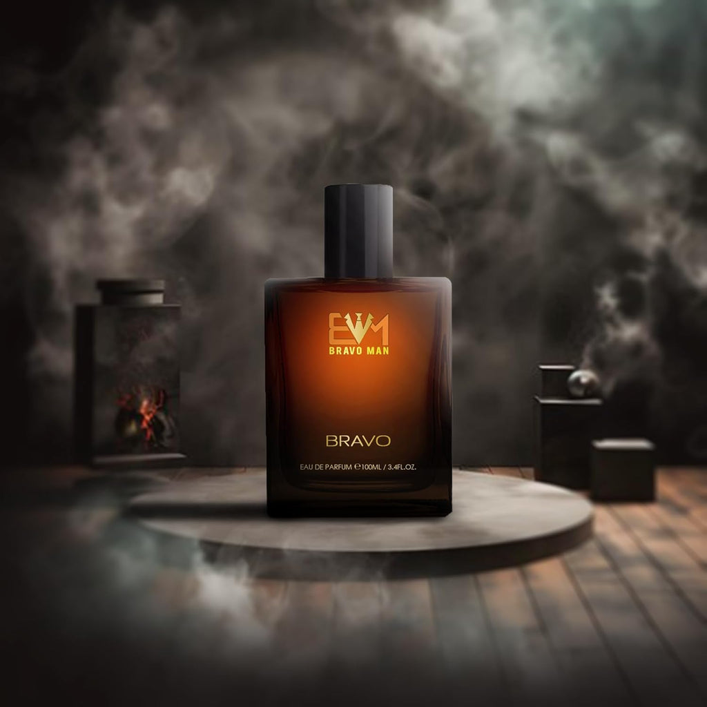 A bottle of 'BRAVOMAN - BRAVO' perfume for men, with a dark and smoky background, suggesting a spicy and long-lasting scent.