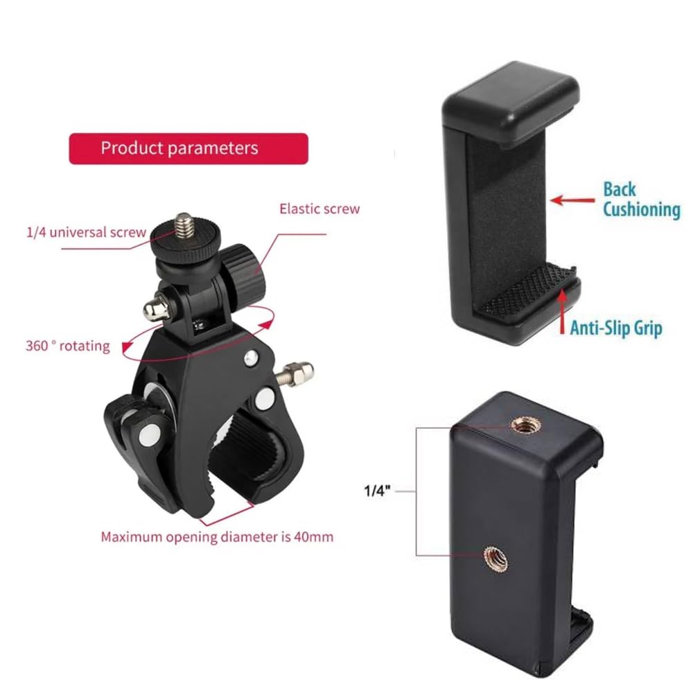 Black phone holder with labeled features on a white background