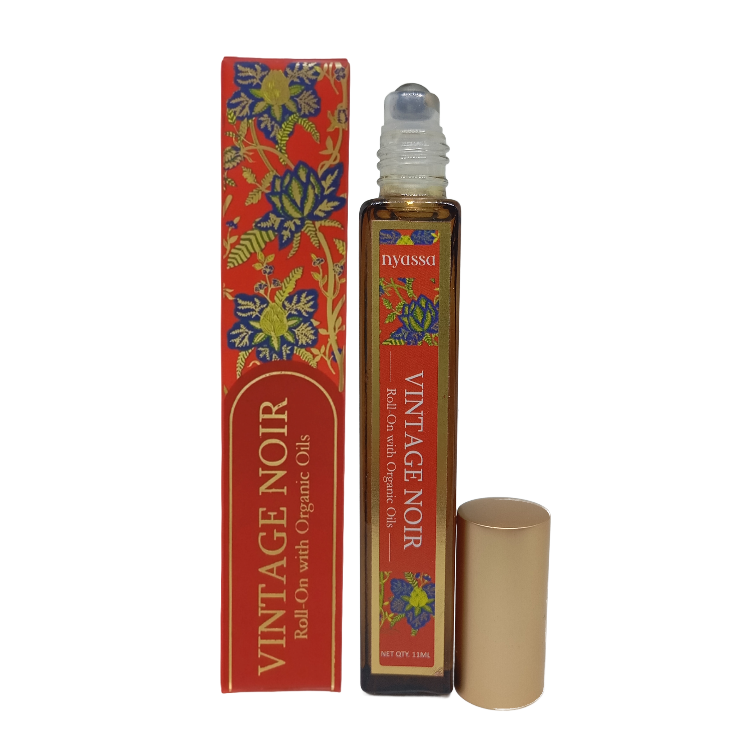 Roll-on bottle and box of 'Vintage Noir' with colorful floral design on a white background