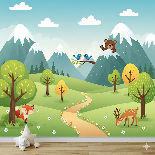 Children's wall mural with forest scene, animals, and mountains.