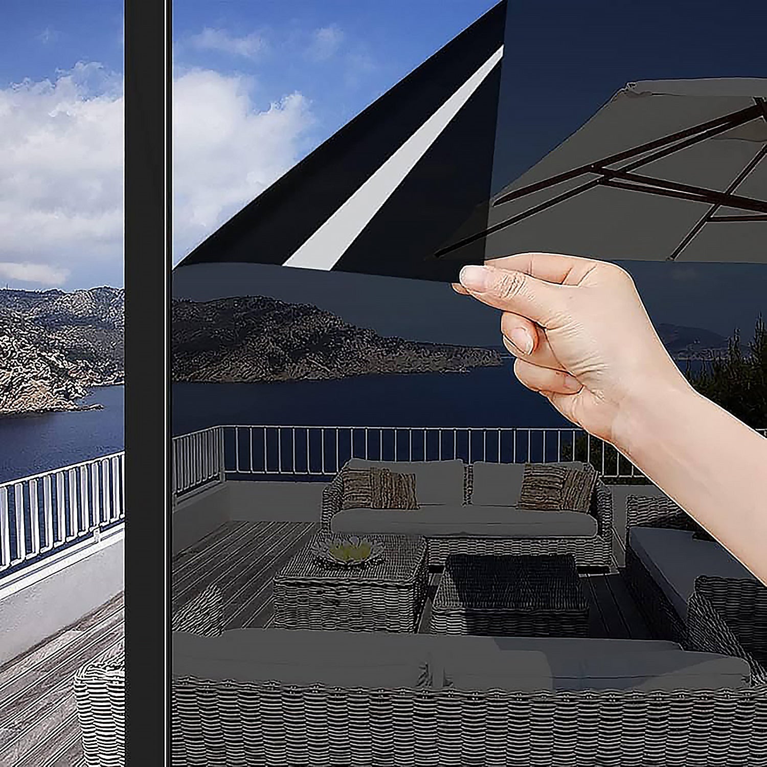 Outdoor Patio with Black One-Way Privacy Window Film Installation