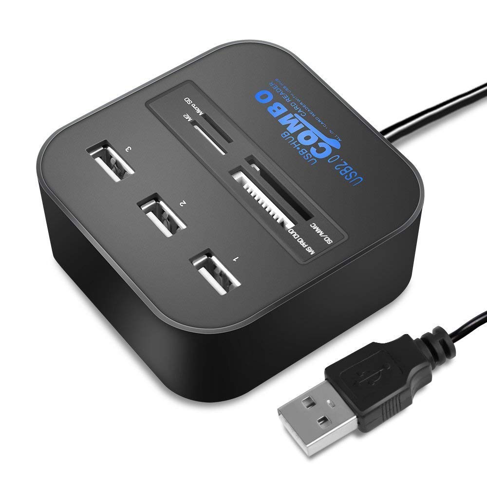 Black USB hub with multiple ports and a cable on a white background