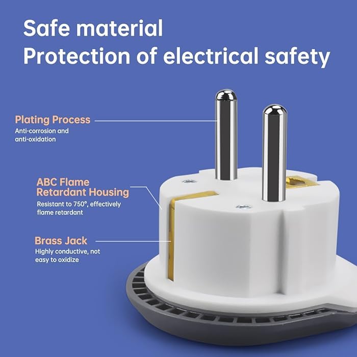Electrical plug with safety features highlighted on a blue background