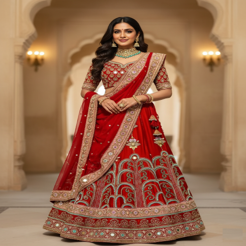 Woman in a red embroidered traditional outfit standing in an elegant interior setting.